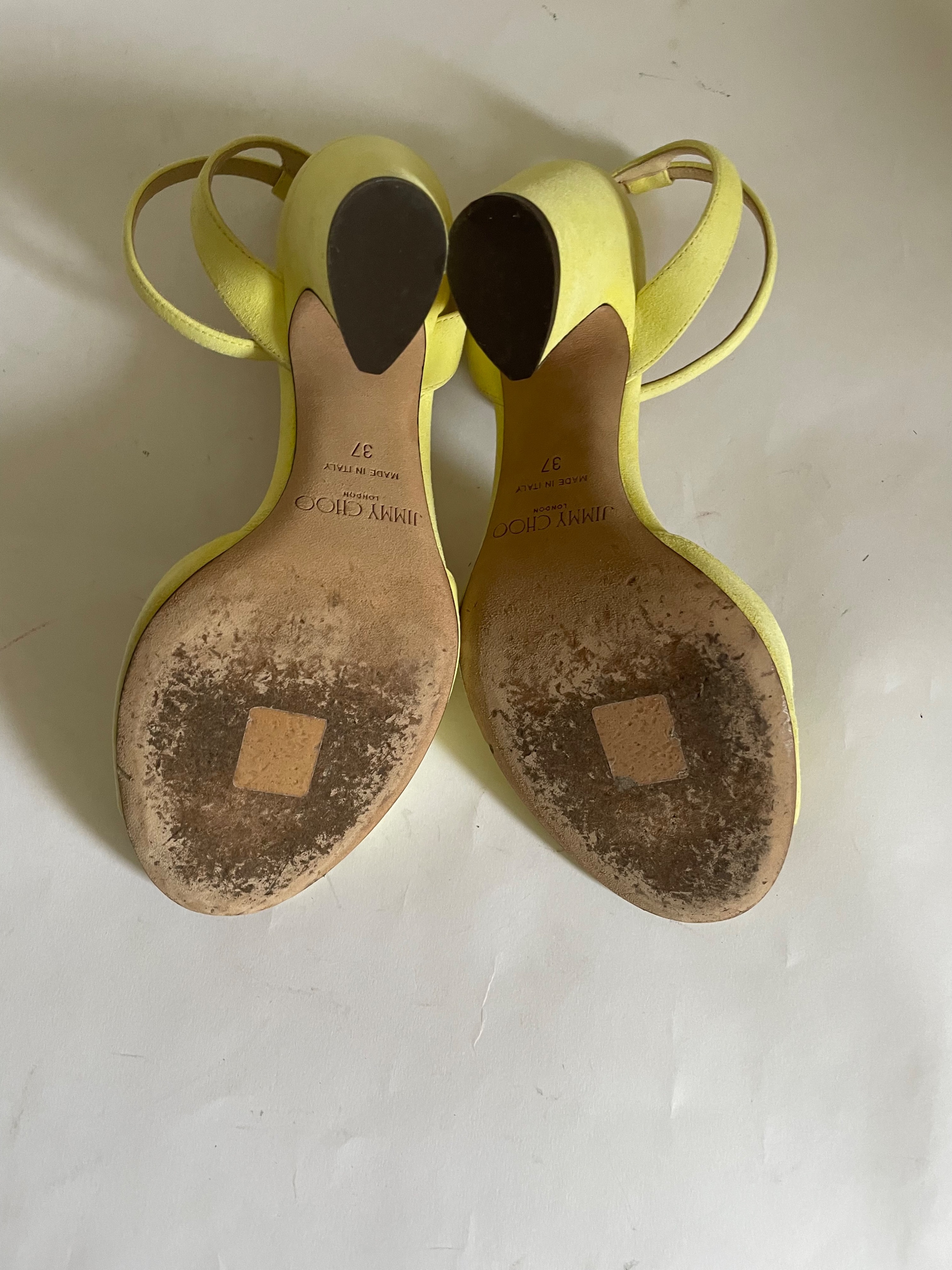 Preowned Jimmy Choo Miranda 85 Pale Yellow Suede Block Heel Sandals Size 37