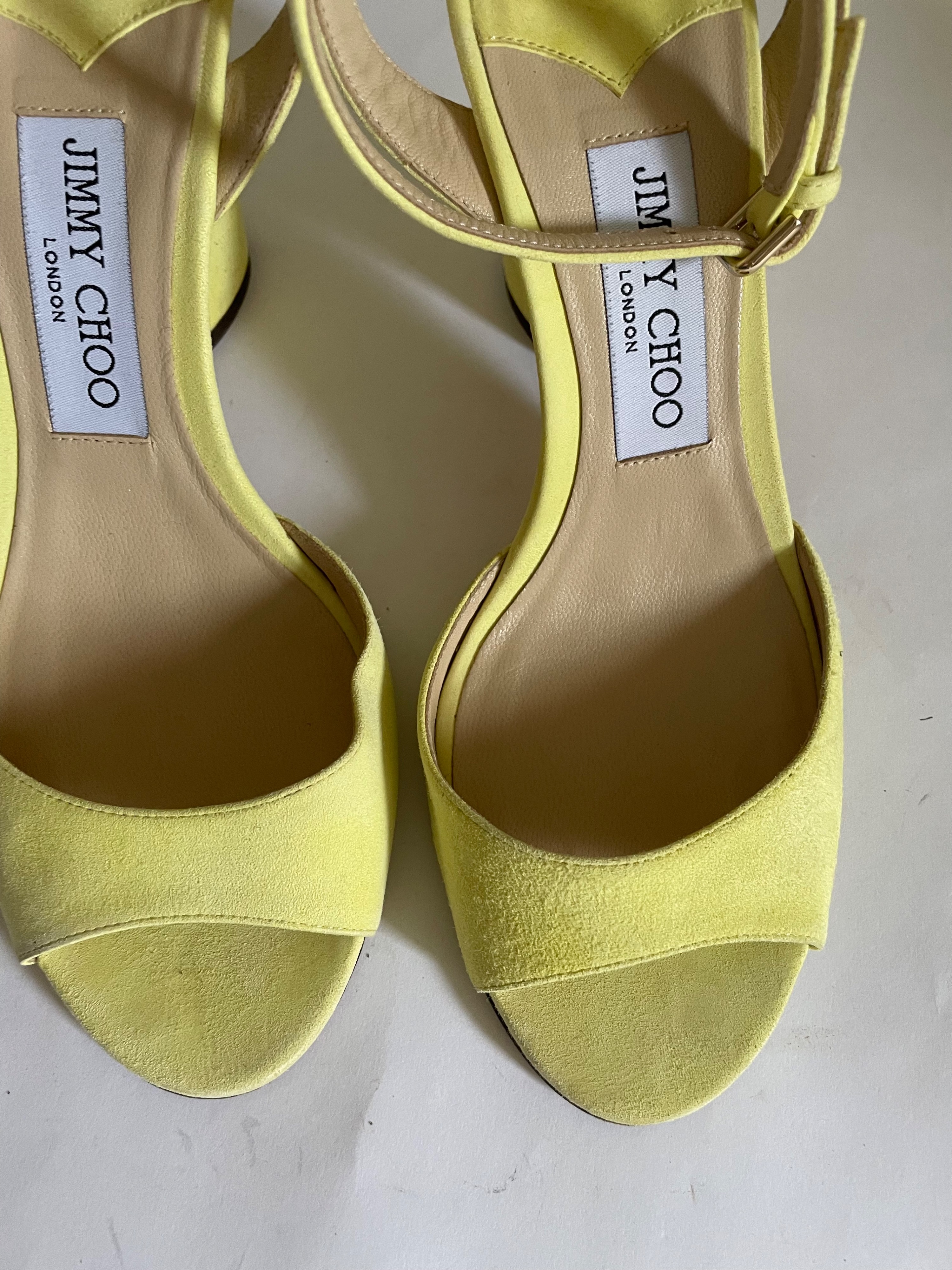 Preowned Jimmy Choo Miranda 85 Pale Yellow Suede Block Heel Sandals Size 37