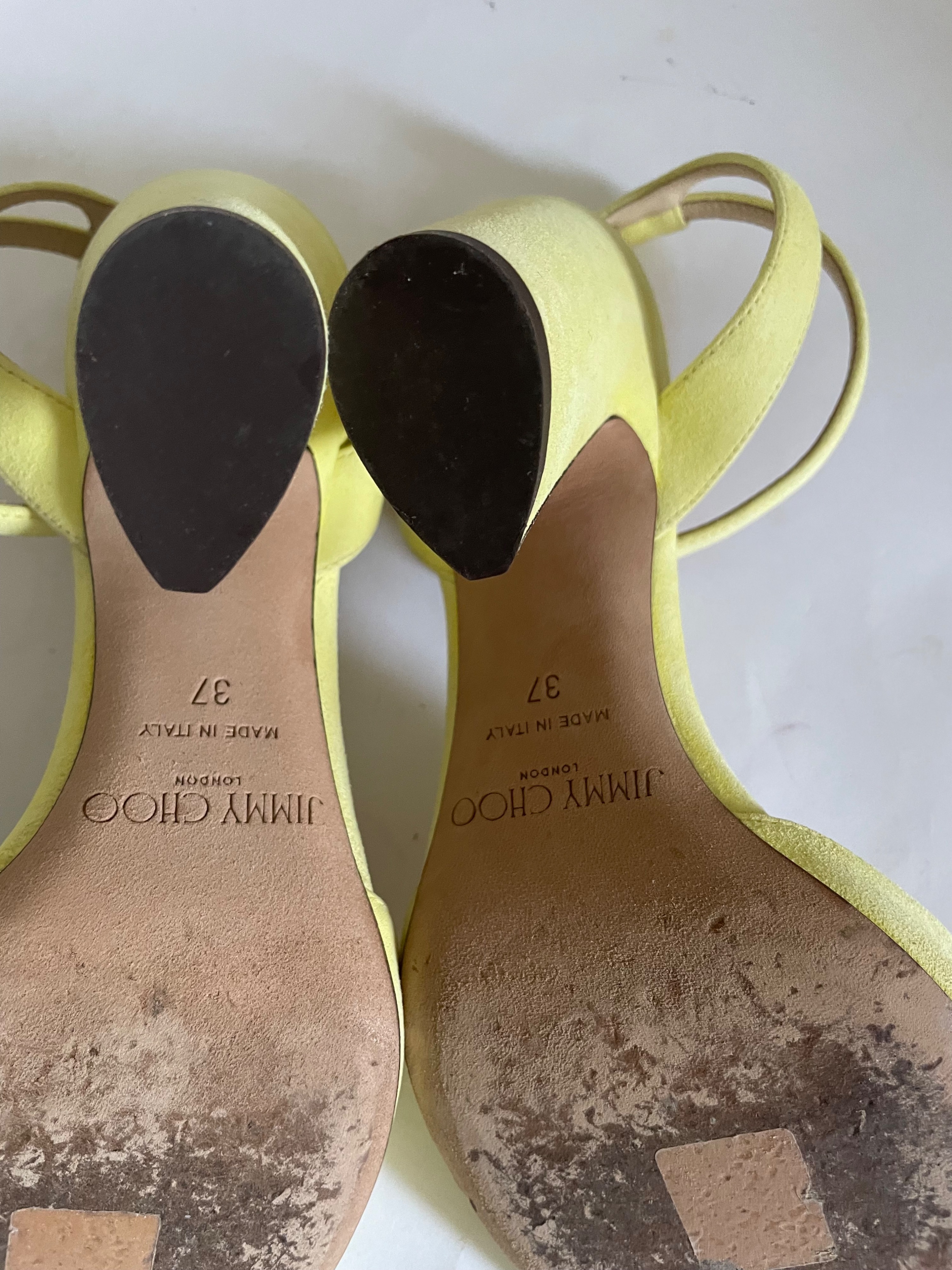 Preowned Jimmy Choo Miranda 85 Pale Yellow Suede Block Heel Sandals Size 37