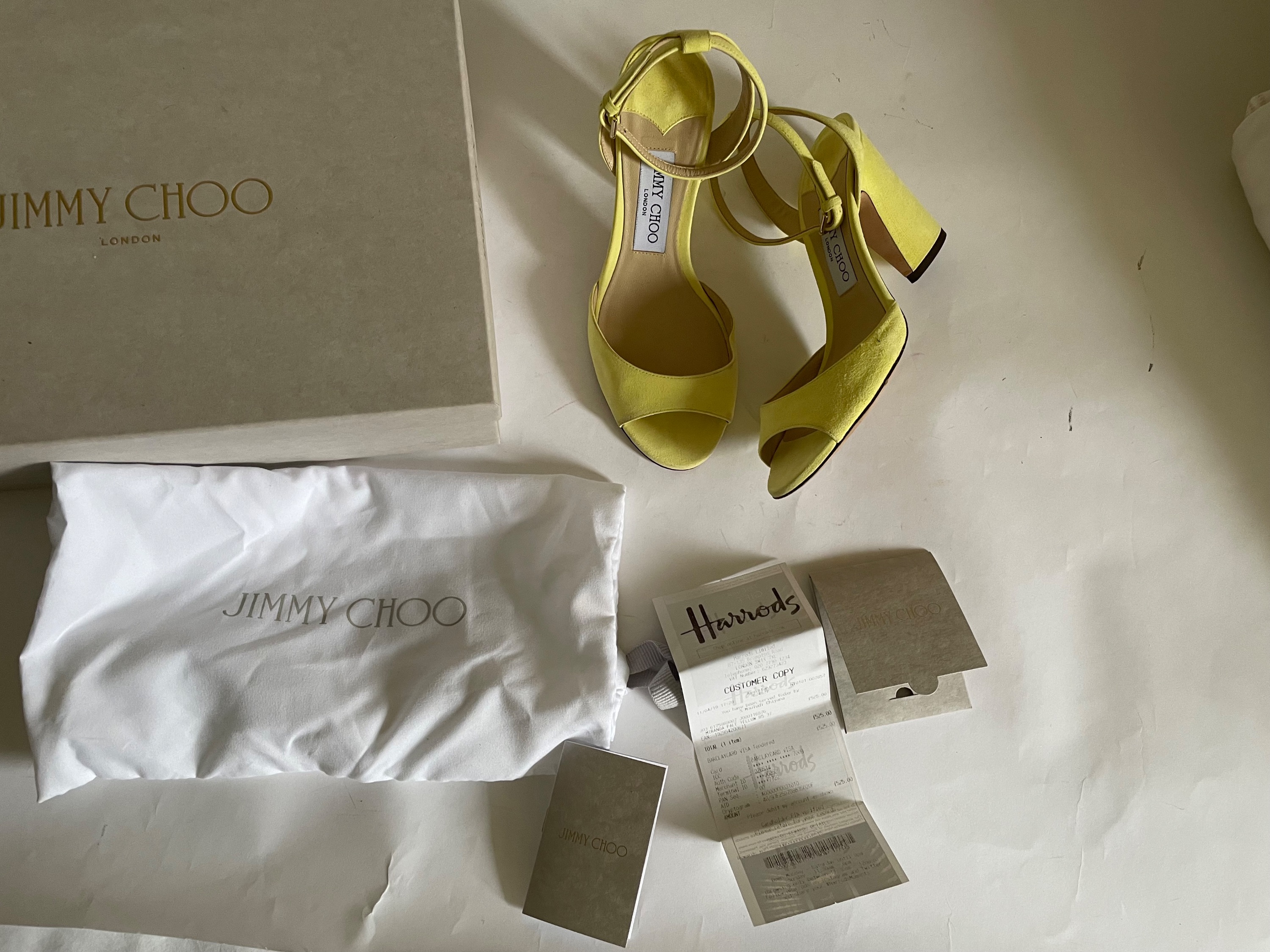 Preowned Jimmy Choo Miranda 85 Pale Yellow Suede Block Heel Sandals Size 37