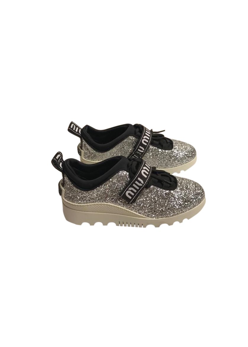 Preowned Miu Miu Silver glitter  black mesh trainers Size 37