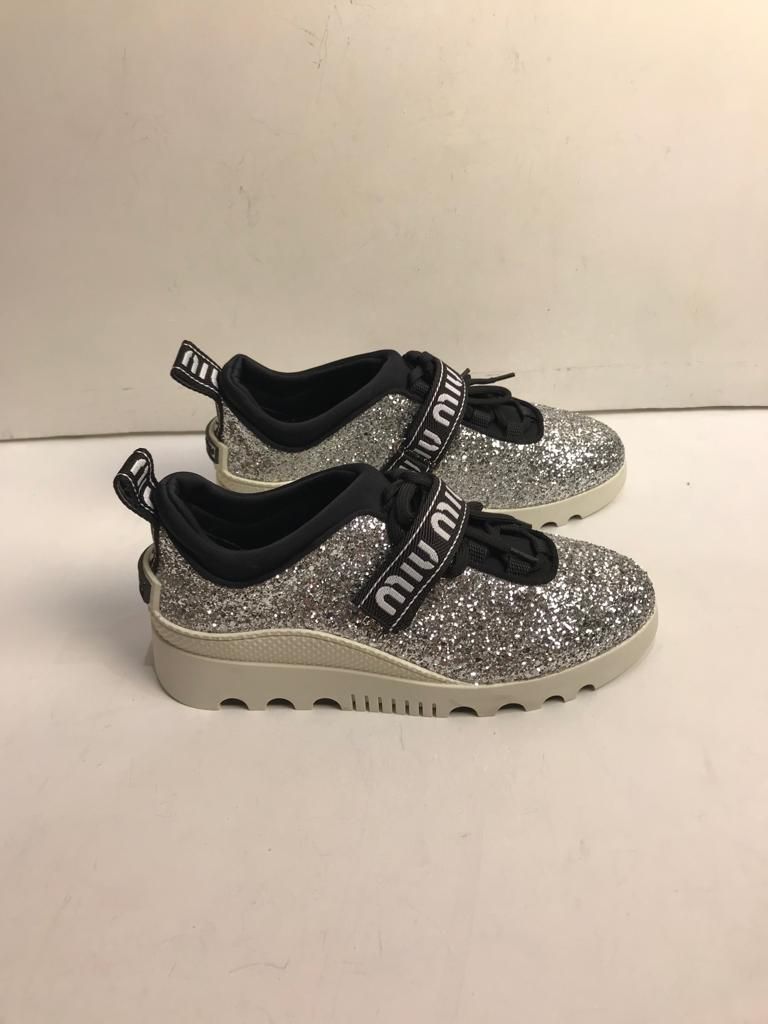 Preowned Miu Miu Silver glitter  black mesh trainers Size 37