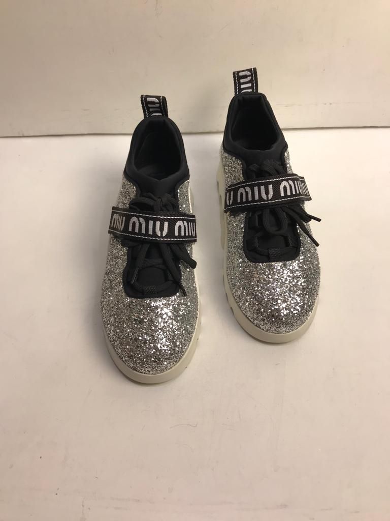 Preowned Miu Miu Silver glitter  black mesh trainers Size 37