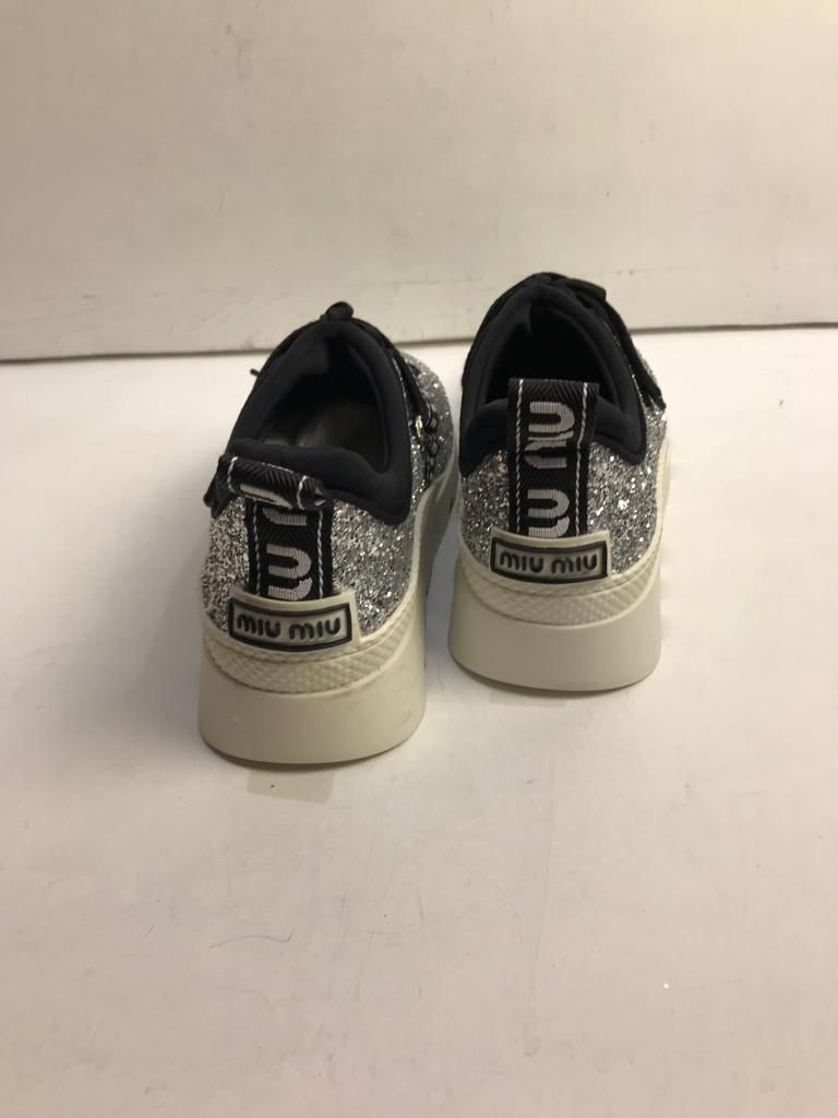 Preowned Miu Miu Silver glitter  black mesh trainers Size 37