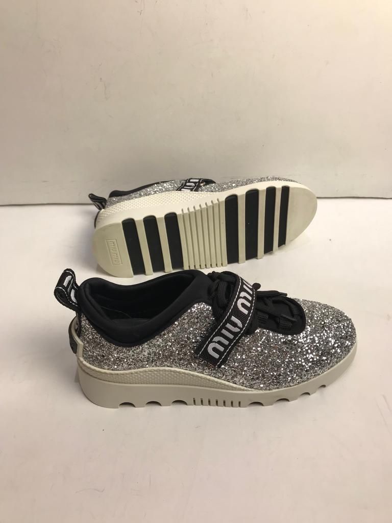 Preowned Miu Miu Silver glitter  black mesh trainers Size 37