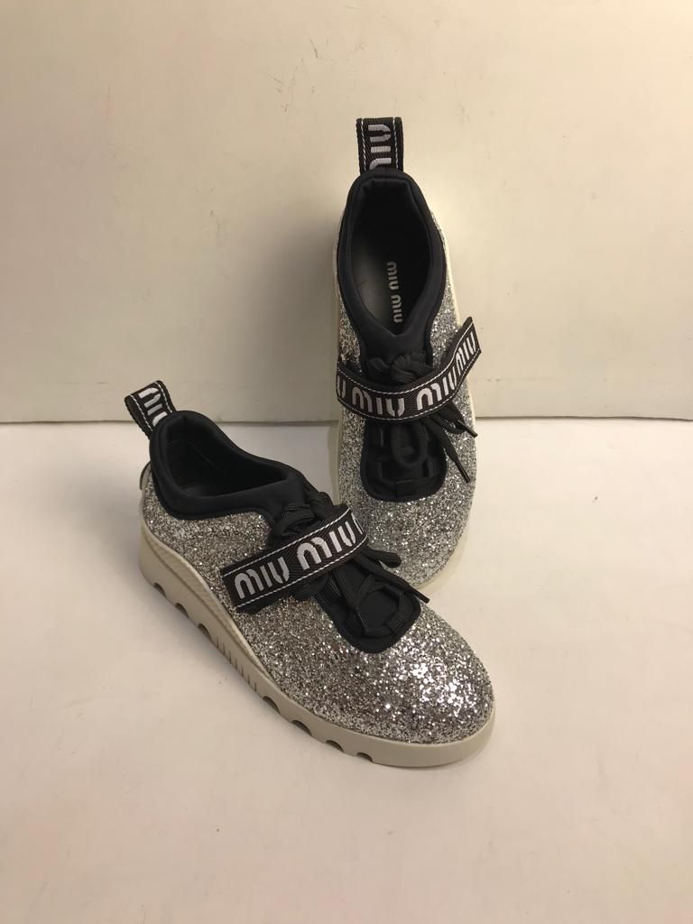 Preowned Miu Miu Silver glitter  black mesh trainers Size 37