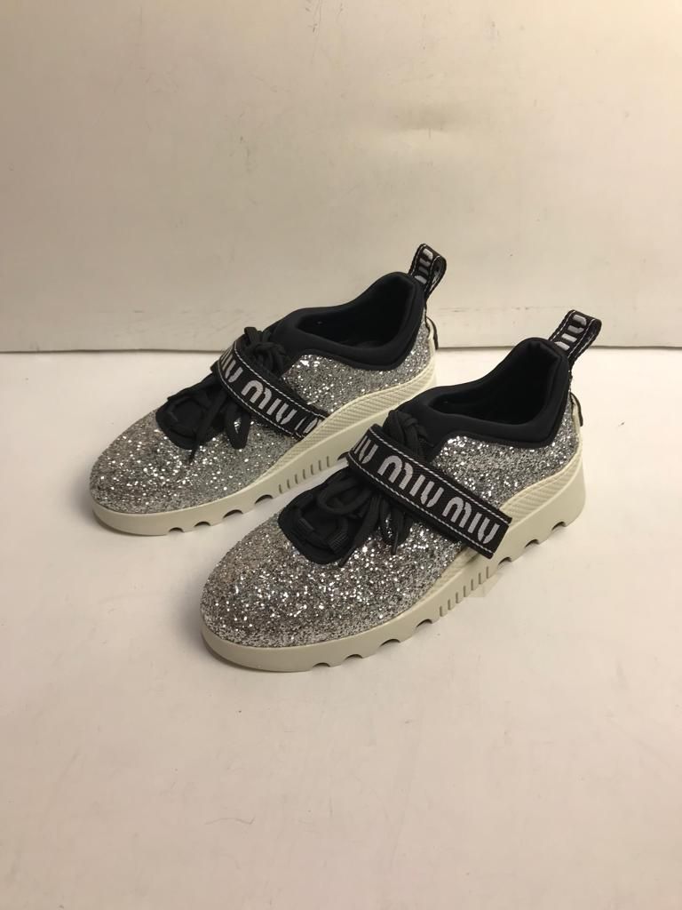 Preowned Miu Miu Silver glitter  black mesh trainers Size 37