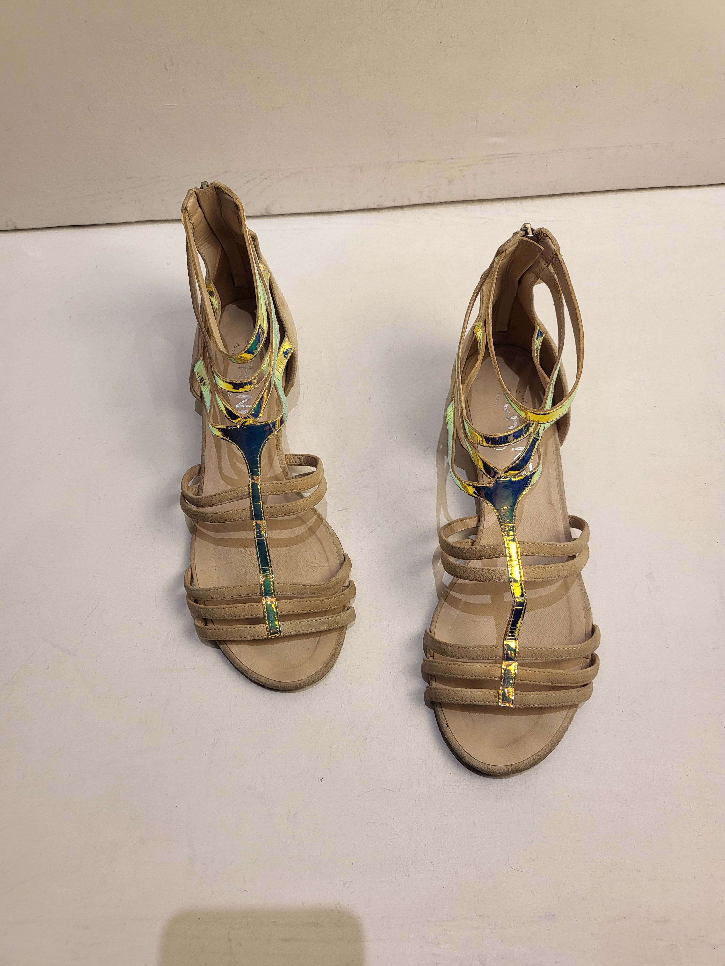 Preowned Chanel Suede  Holographic Leather Flat Sandals Size 385 Beige