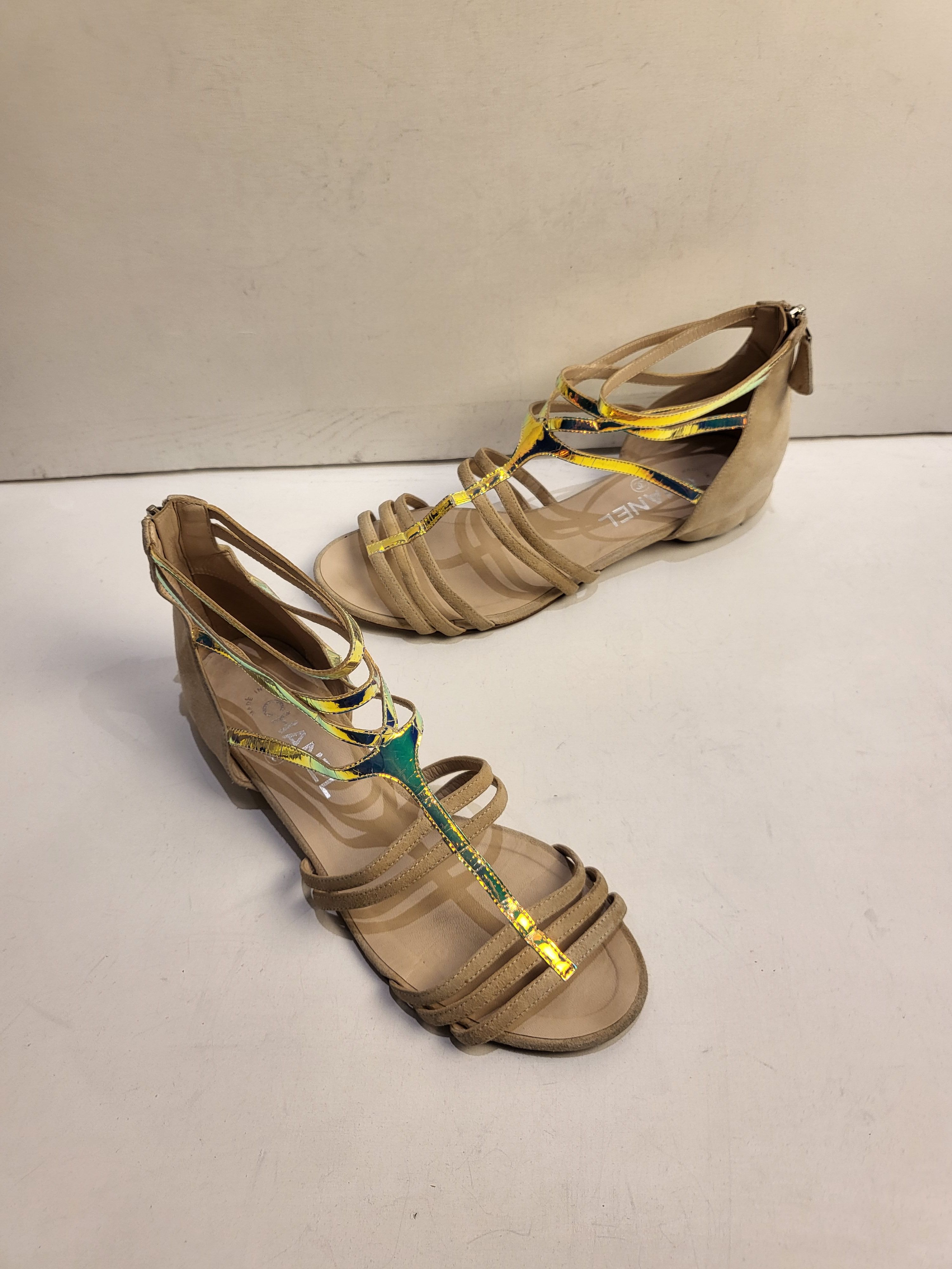 Preowned Chanel Suede  Holographic Leather Flat Sandals Size 385 Beige