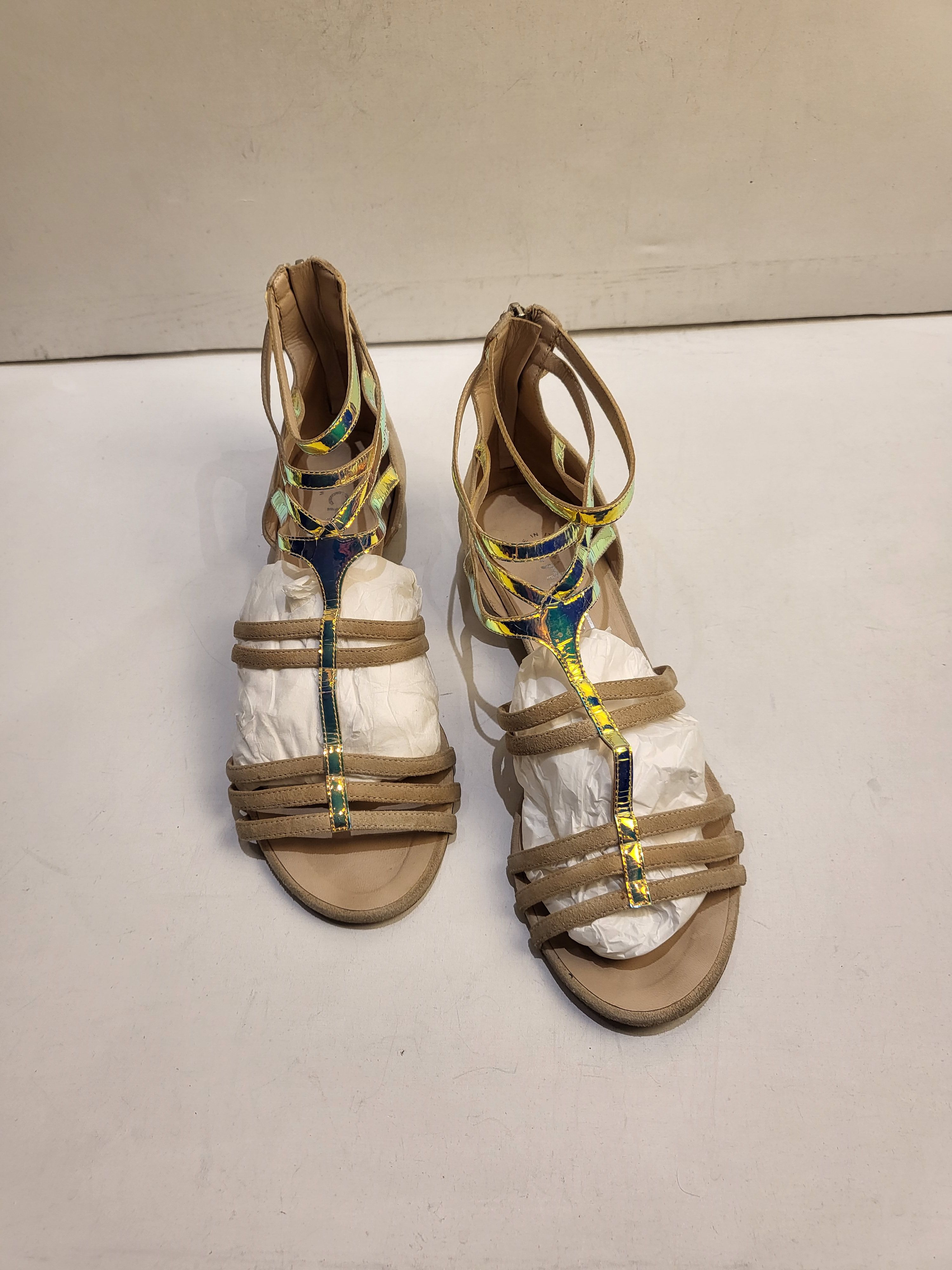 Preowned Chanel Suede  Holographic Leather Flat Sandals Size 385 Beige