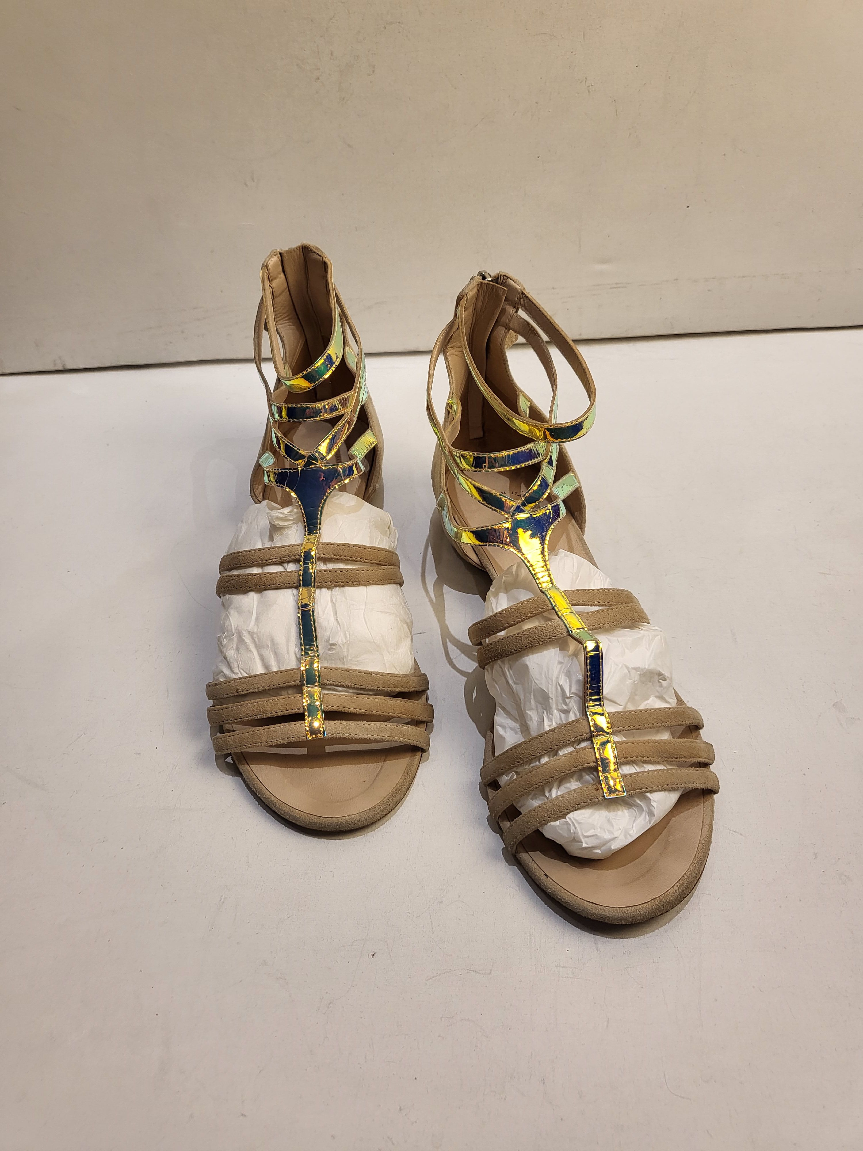 Preowned Chanel Suede  Holographic Leather Flat Sandals Size 385 Beige