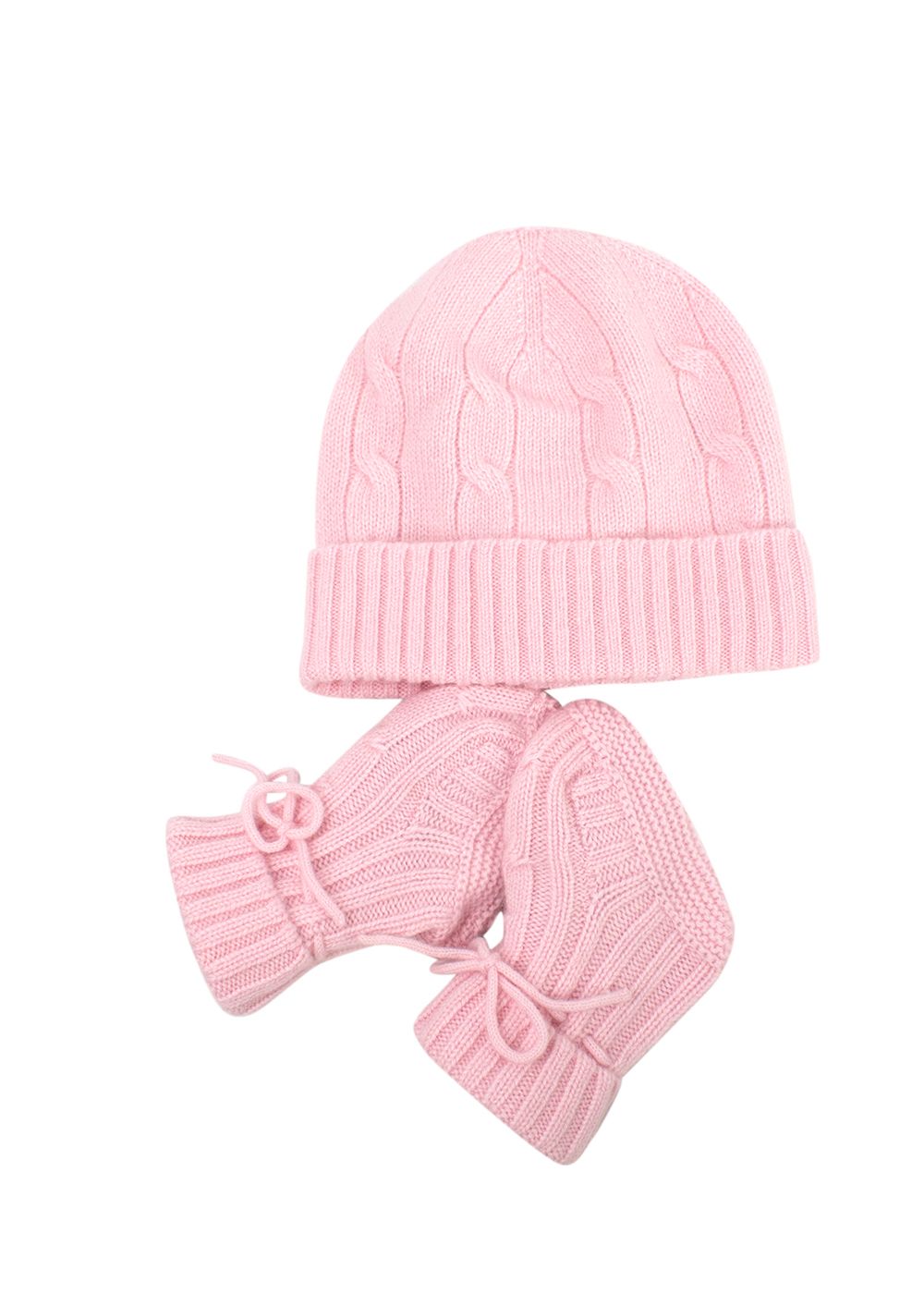 Boys Ralph Lauren Pink Cashmere Cable Knit Hat  Booties Set Size 6-9 Months light pink