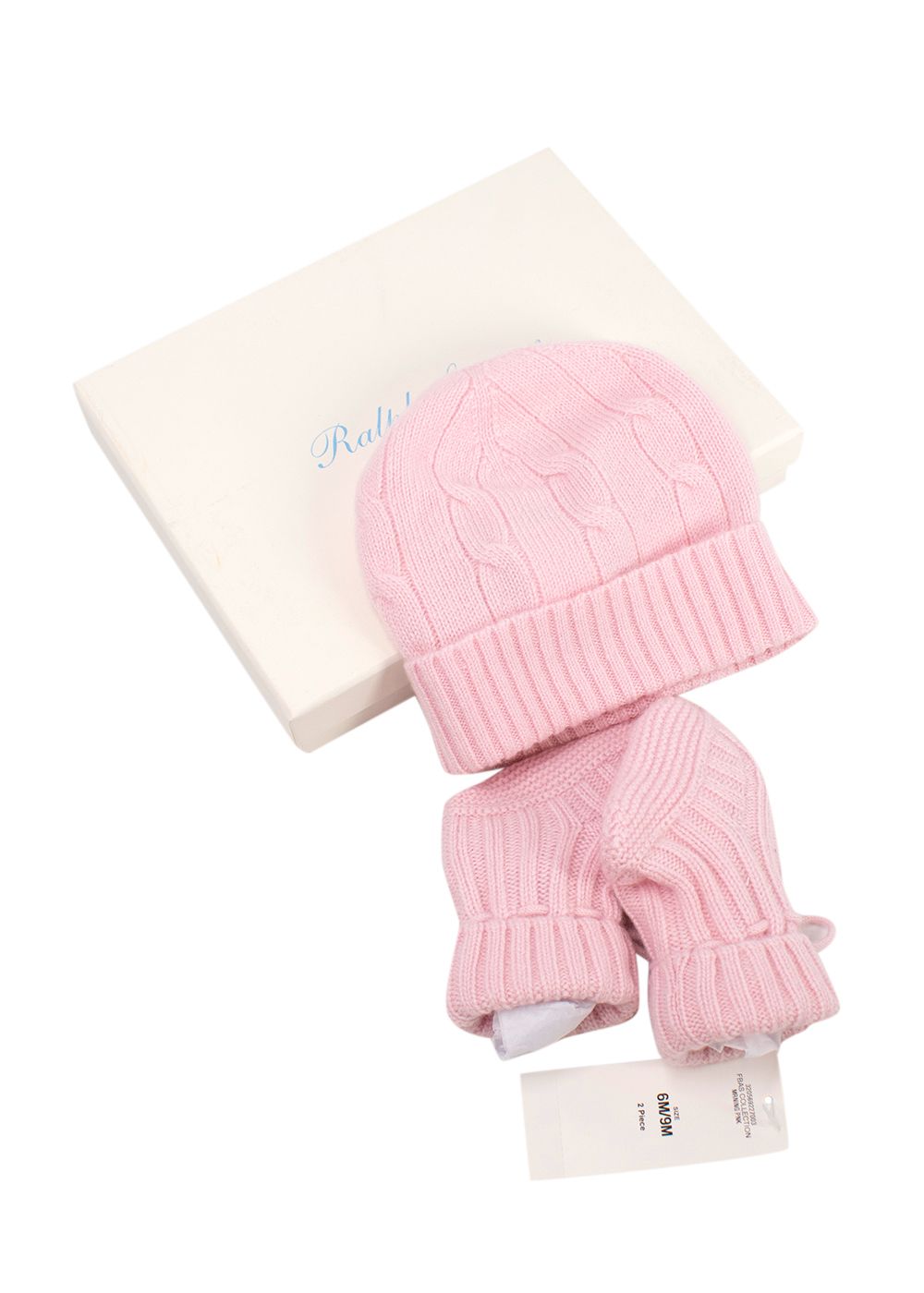 Boys Ralph Lauren Pink Cashmere Cable Knit Hat  Booties Set Size 6-9 Months light pink