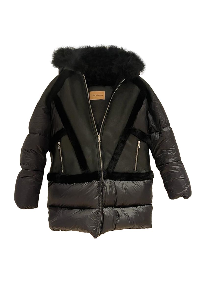 Yves Salomon Black Faux Fur Puffer Coat Size S polyester/down/fur