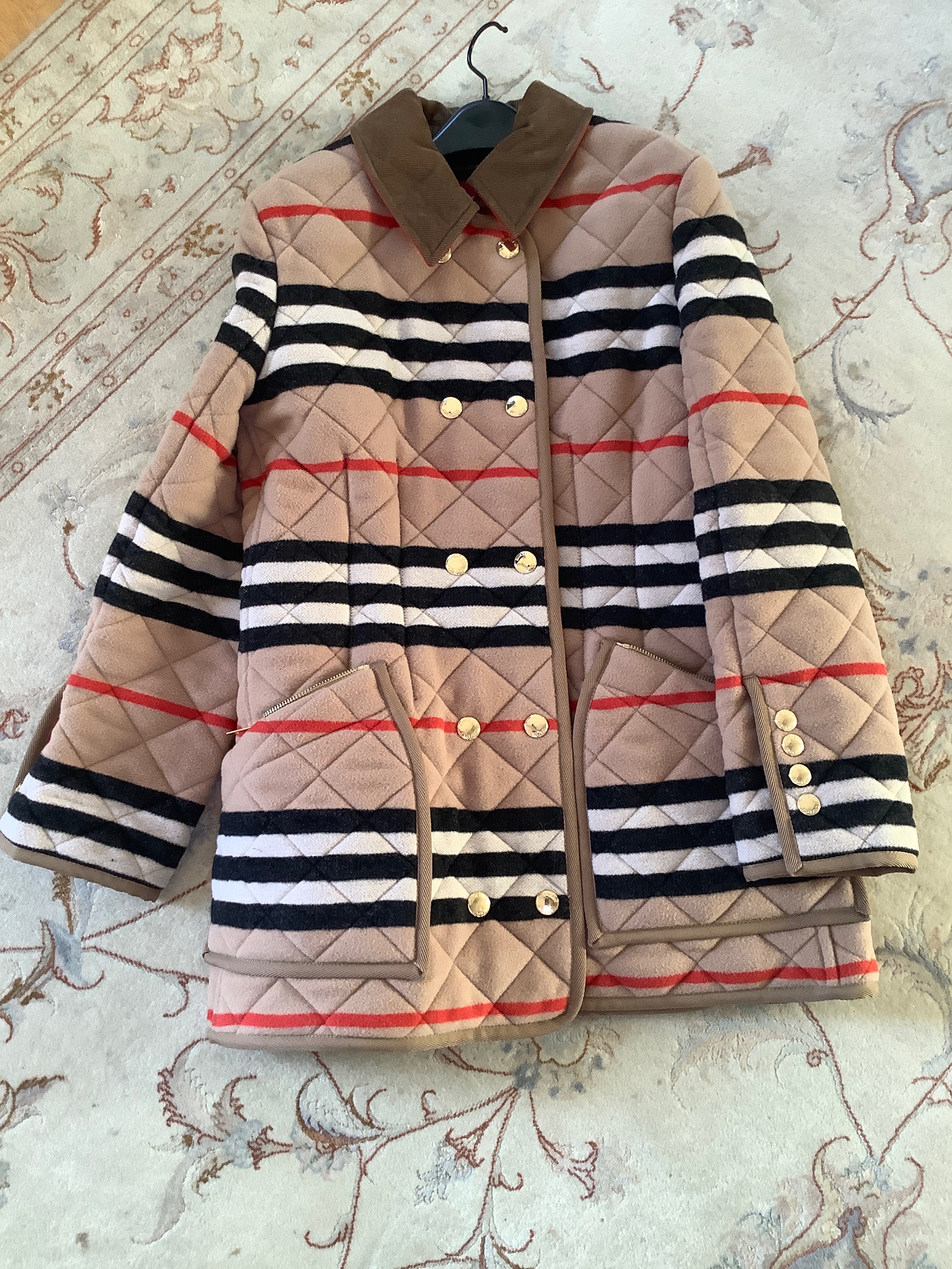 Preowned Burberry Icon Stripe Diamond Quilted Riding Jacket Size L Burberry check wool