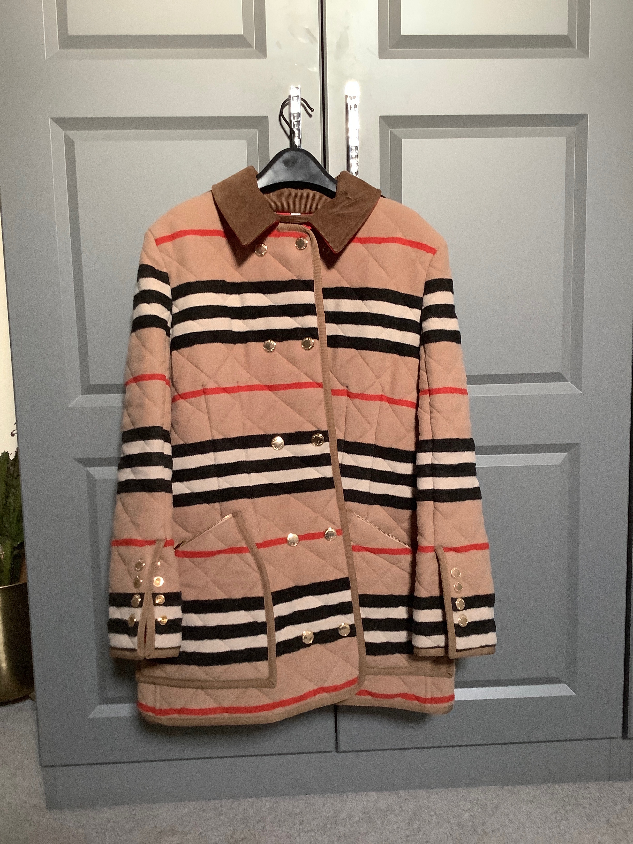 Preowned Burberry Icon Stripe Diamond Quilted Riding Jacket Size L Burberry check wool