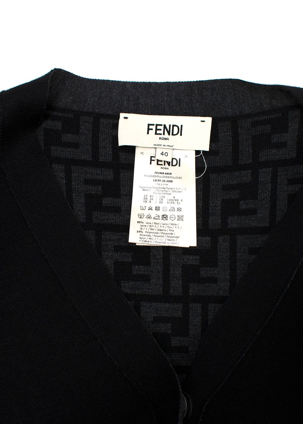 Fendi Black Knit Cardigan with Monogram Interior Size XS wool