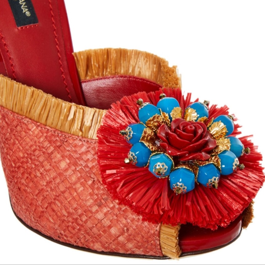 Dolce  Gabbana Raffia Embellished Mules Size 375 Orange