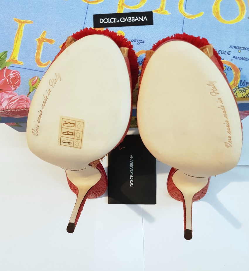 Dolce  Gabbana Raffia Embellished Mules Size 375 Orange