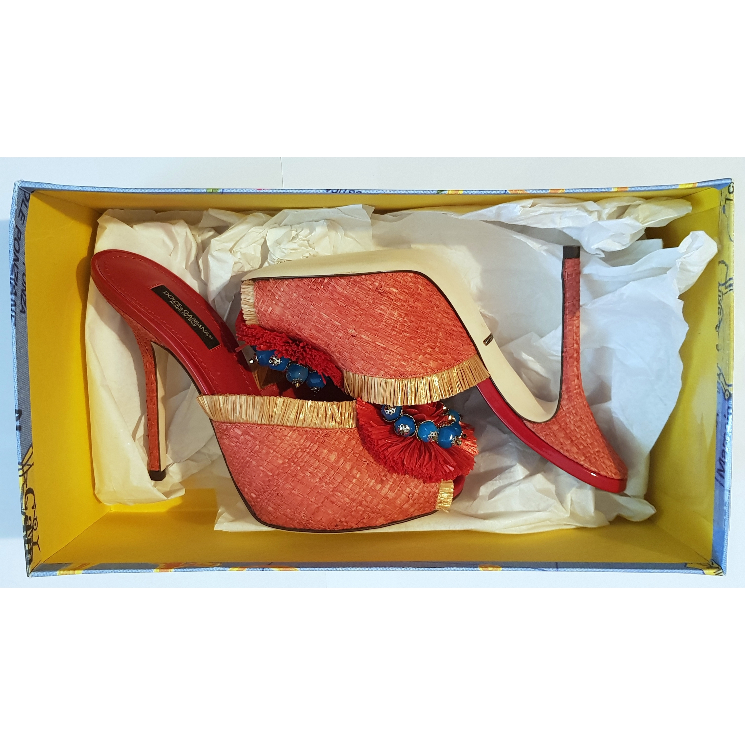 Dolce  Gabbana Raffia Embellished Mules Size 375 Orange