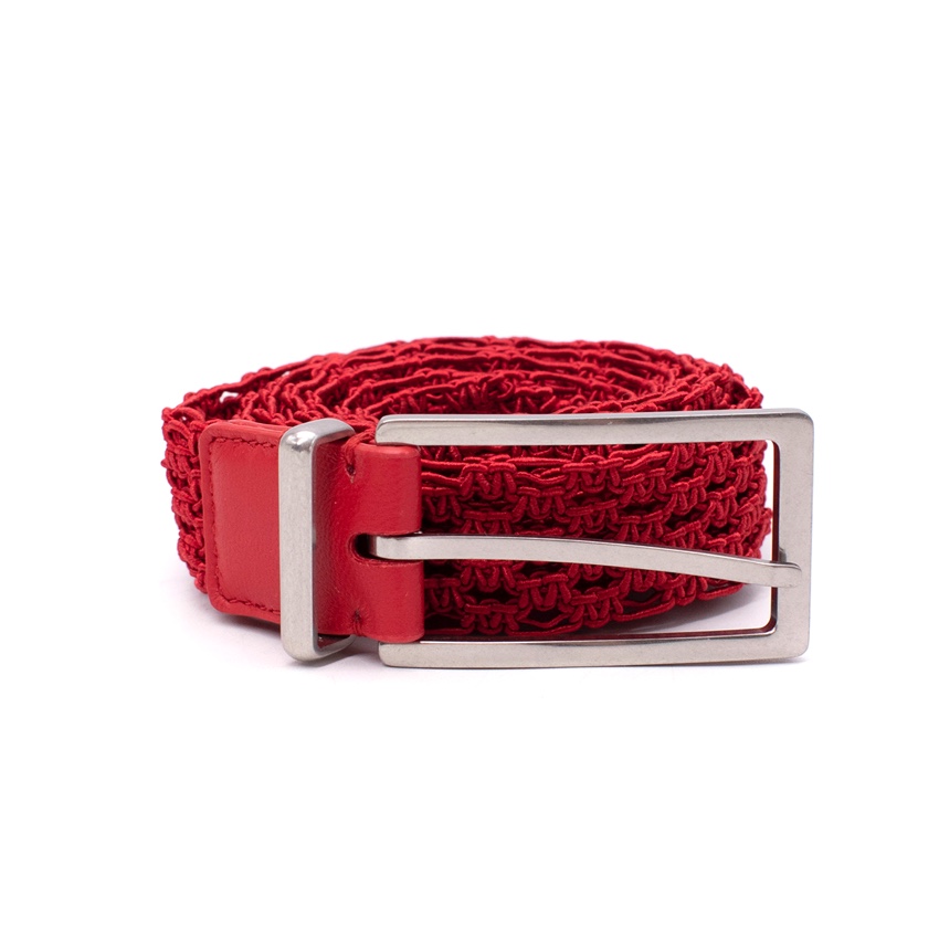 Men's Bottega Veneta Red Cord Woven Belt with Silver-Tone Metal Buckle