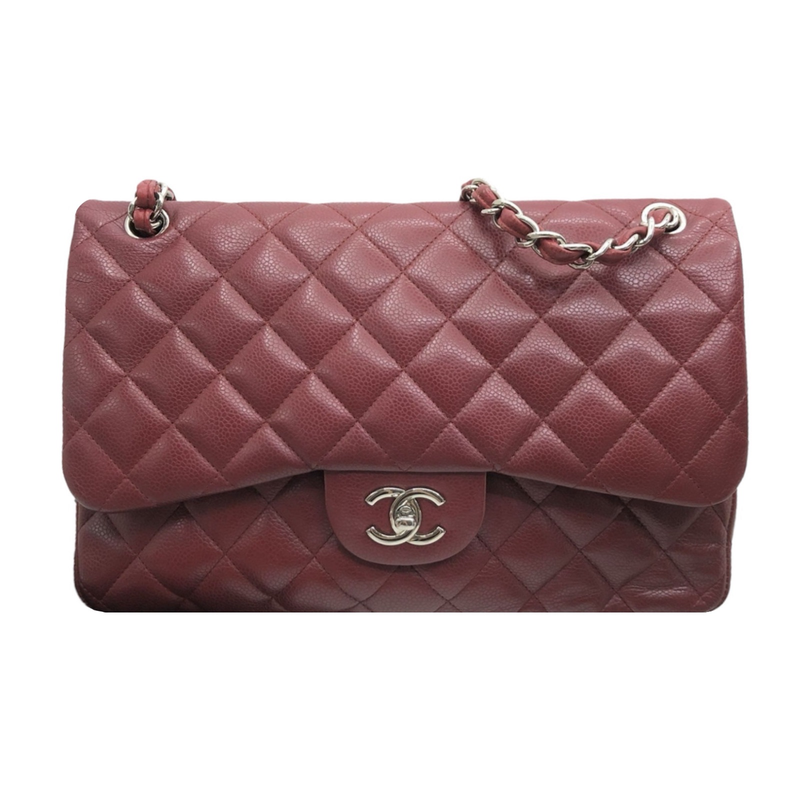 Preowned Chanel Burgundy Caviar Leather Jumbo Double Flap Bag Red