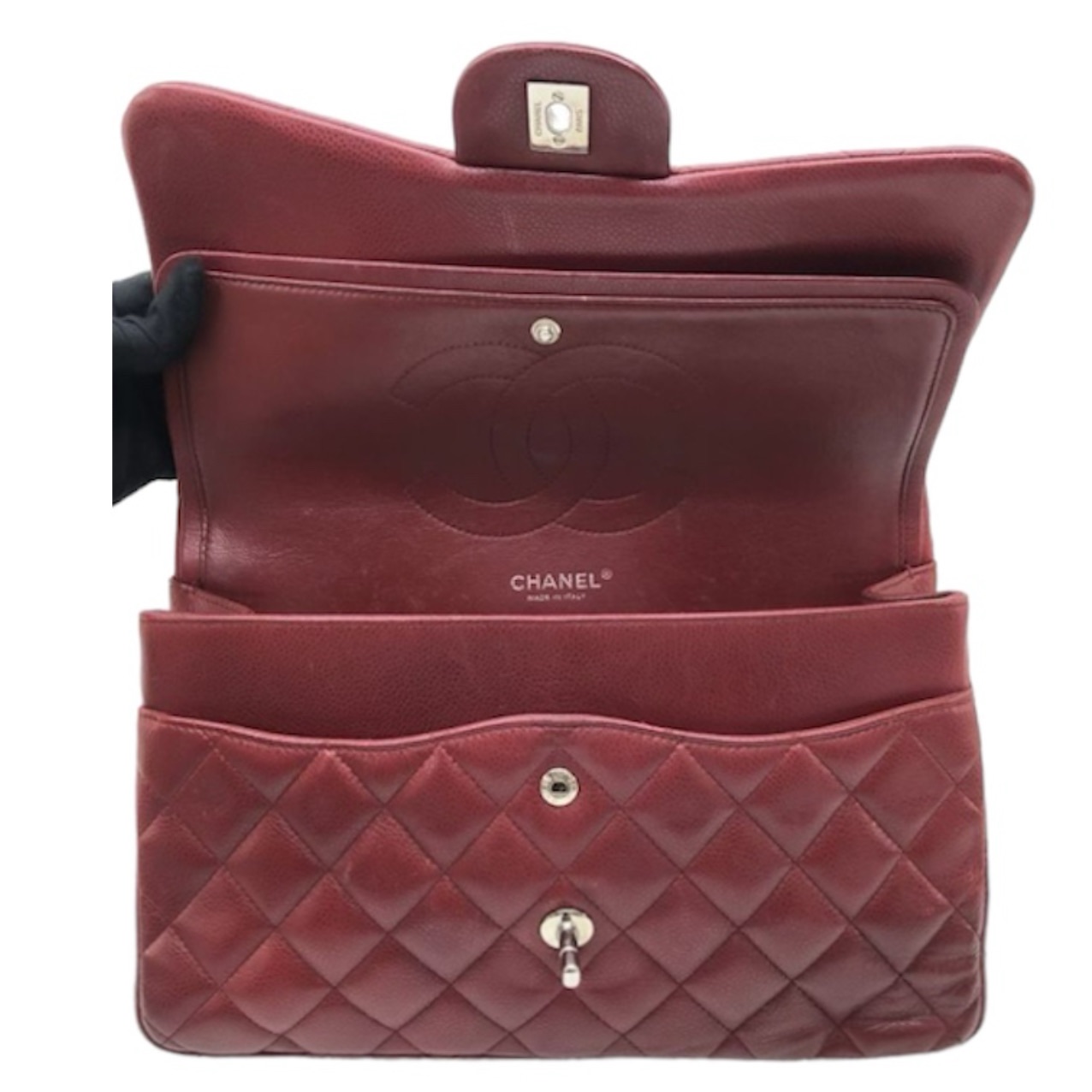 Preowned Chanel Burgundy Caviar Leather Jumbo Double Flap Bag Red