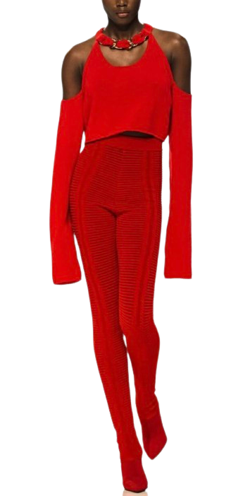 Balmain SS22 Red Cropped Jumper and Legging Set Size S wool