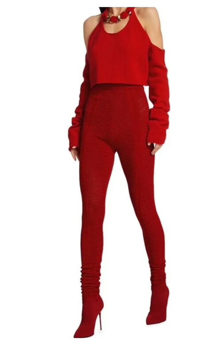 Balmain SS22 Red Cropped Jumper and Legging Set Size S wool