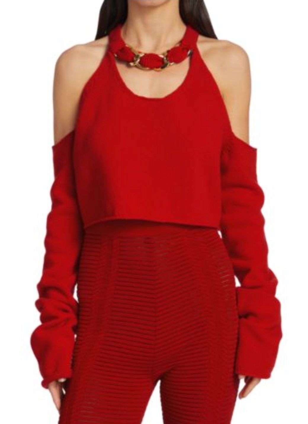 Balmain SS22 Red Cropped Jumper and Legging Set Size S wool