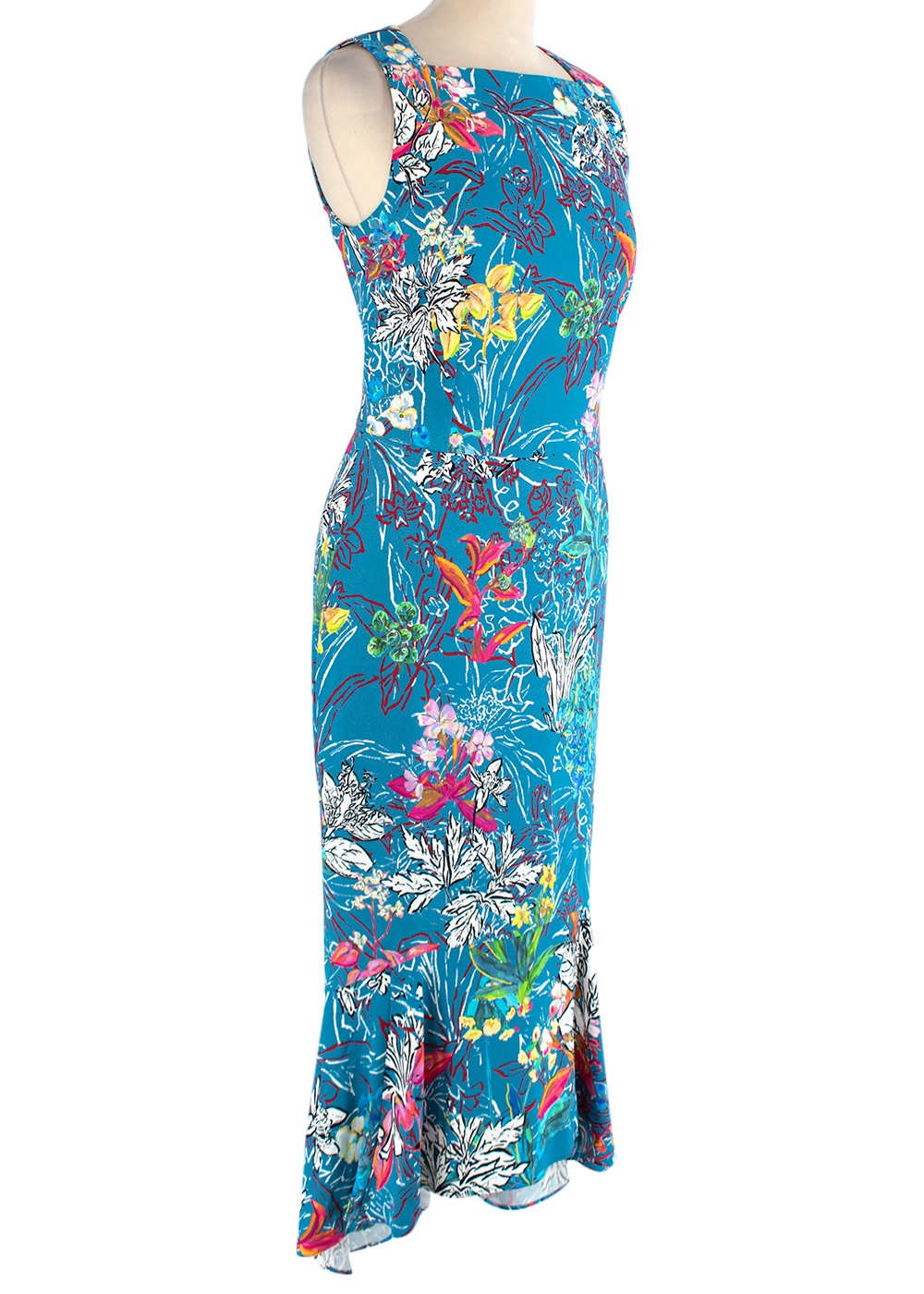 Preowned Peter Pilotto Blue illustrative floral crepe dress Size S viscose