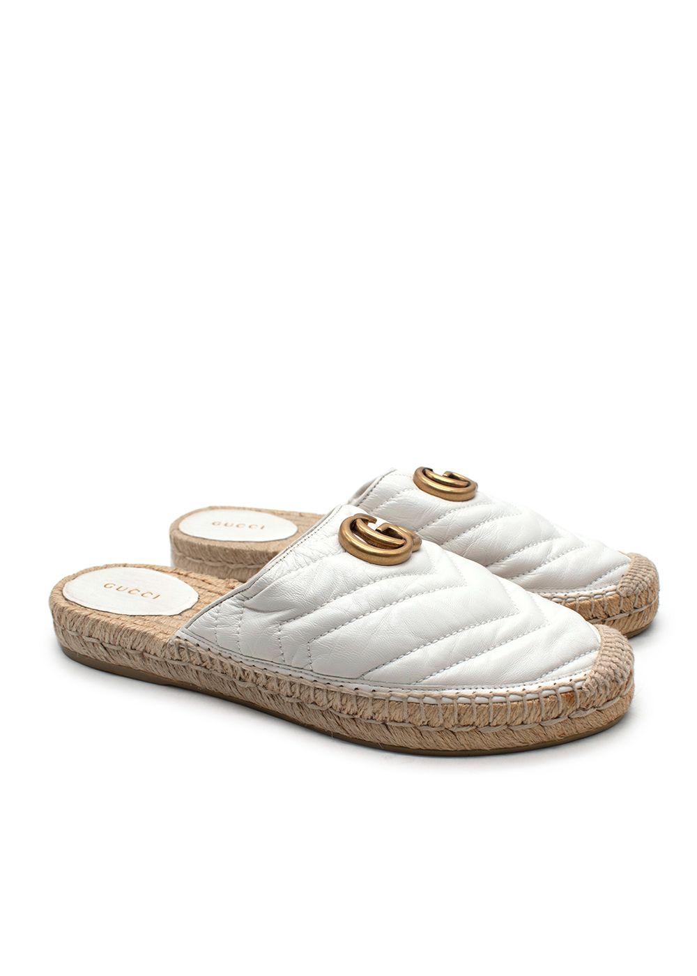 Preowned Gucci White Leather Chevron Espadrille Mules Size 38.5