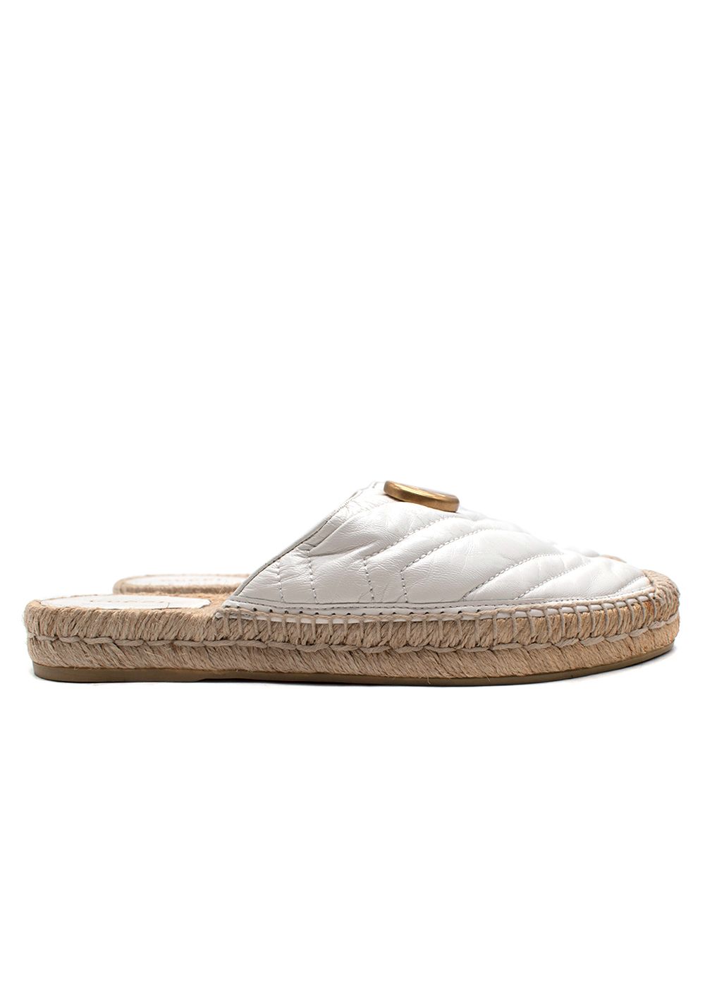 Preowned Gucci White Leather Chevron Espadrille Mules Size 38.5