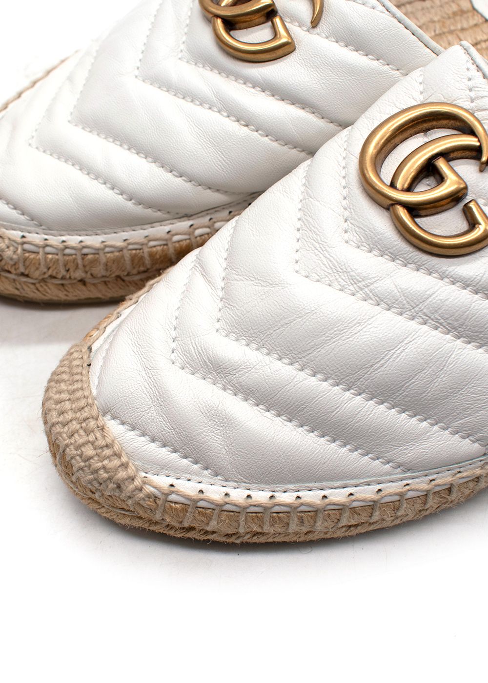 Preowned Gucci White Leather Chevron Espadrille Mules Size 38.5