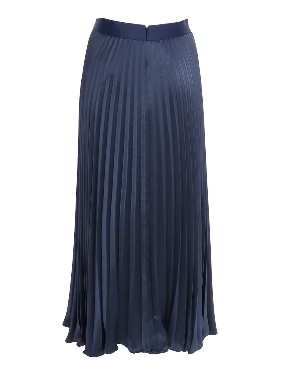 Preowned MaxMara Navy Pleated Satin Midi Skirt Size L Metallic Blue polyester