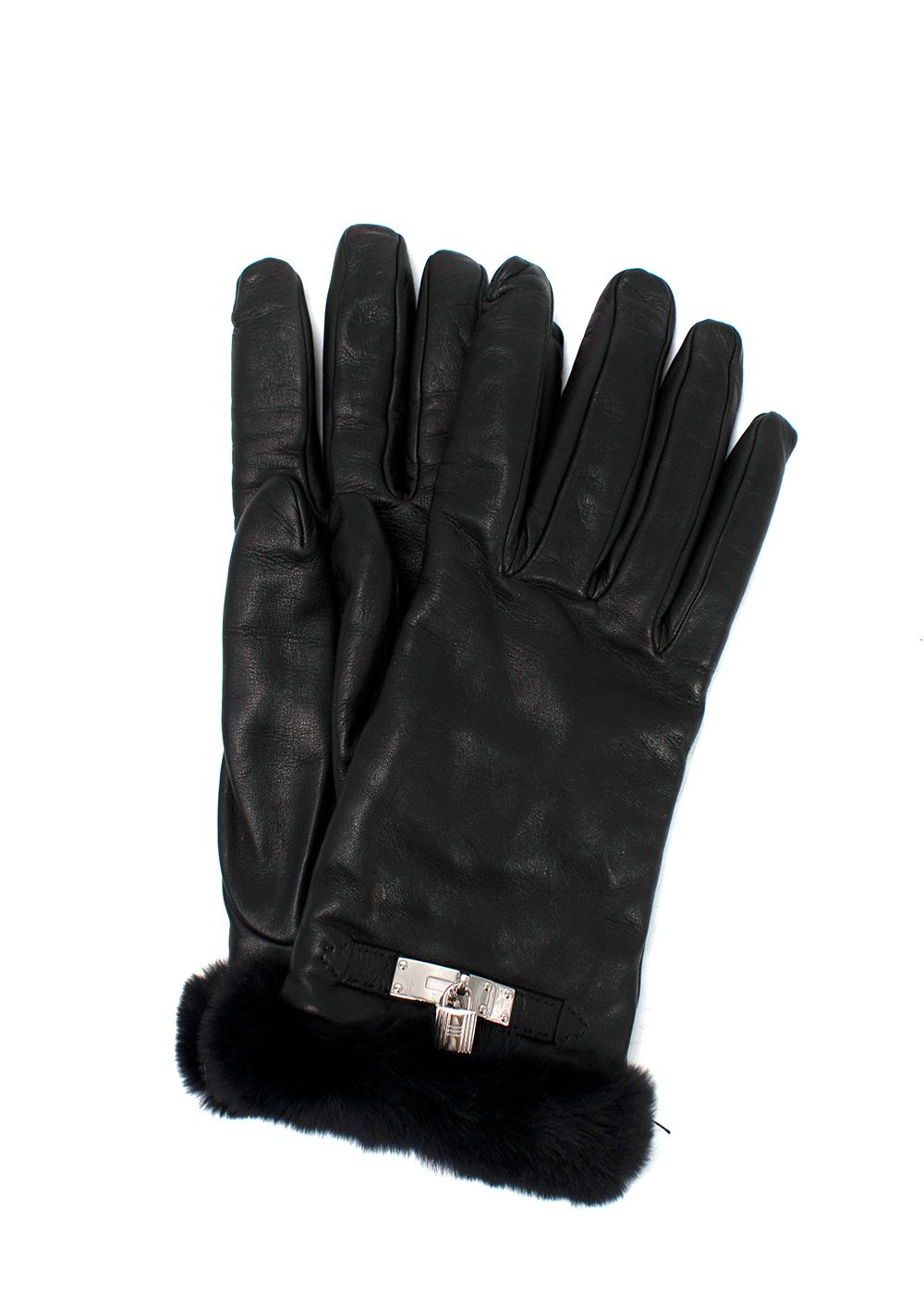 Preowned Hermes Black Leather Mink Fur Trimmed Kelly Lock Gloves Size S