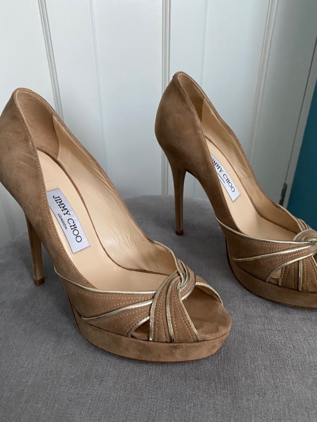 Preowned Jimmy Choo Beige Suede Peep Toe Heeled Pumps Size 385 Beige/Nude