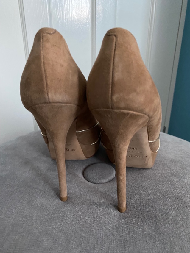 Preowned Jimmy Choo Beige Suede Peep Toe Heeled Pumps Size 385 Beige/Nude