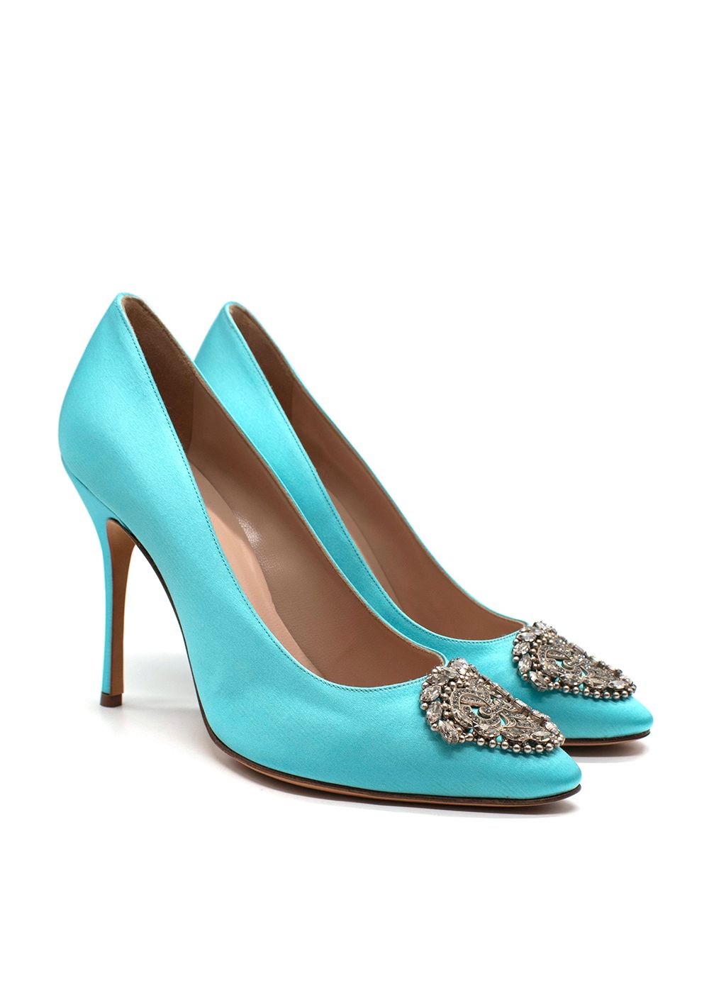 Manolo Blahnik Okkava 105 Turquoise Satin Heels Size 39 turquoise blue