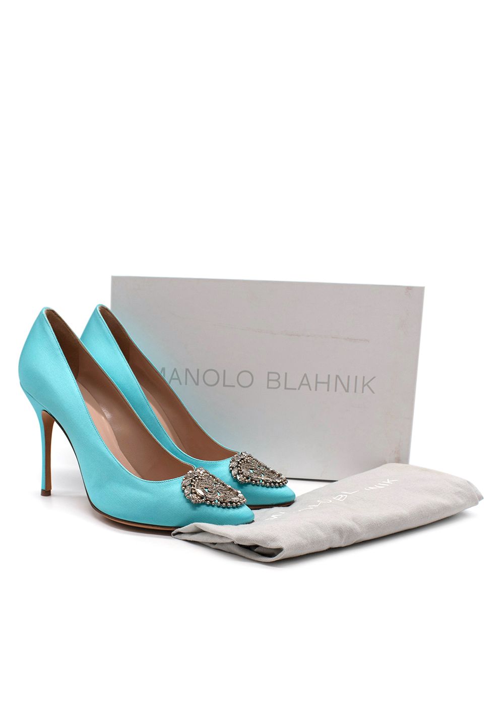 Manolo Blahnik Okkava 105 Turquoise Satin Heels Size 39 turquoise blue