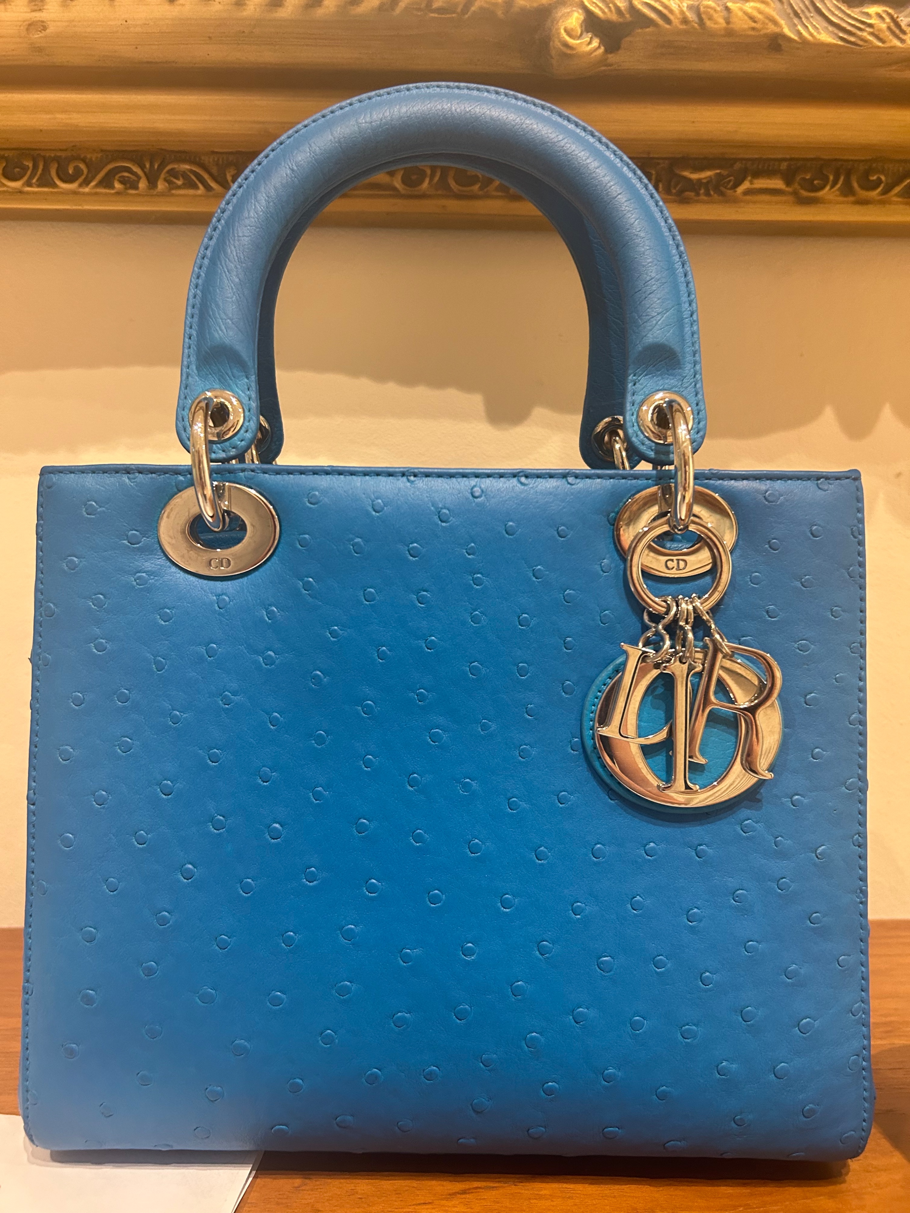 Preowned Medium Blue Ostrich Lady Dior Bag