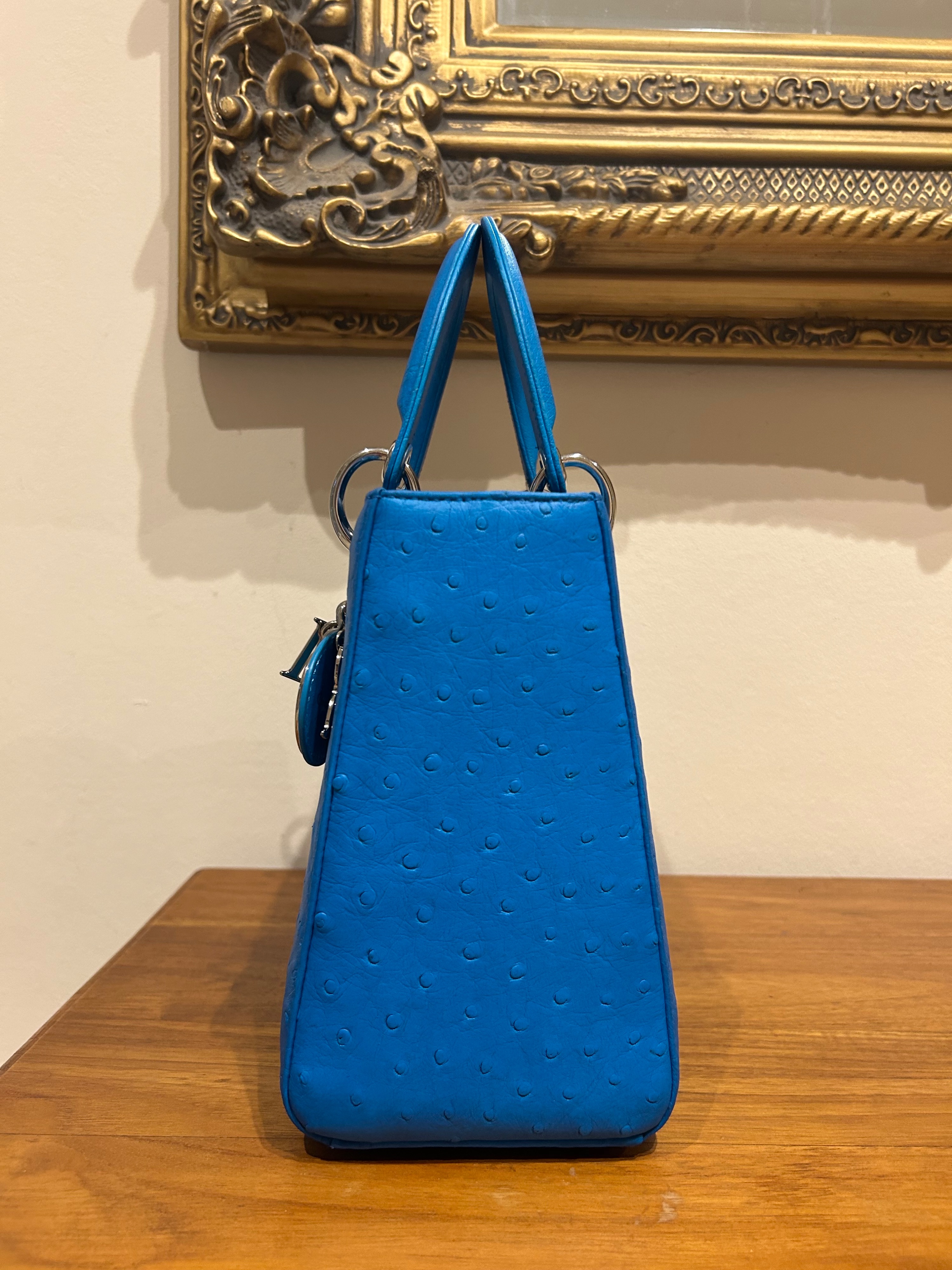 Preowned Medium Blue Ostrich Lady Dior Bag