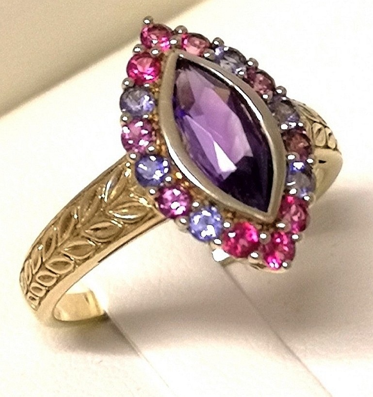 Preowned Bespoke Yellow Gold Amethyst Iolite  Tourmaline Ring