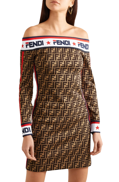 Fendi x Fila Bardot Monogram Midi Dress Size XS Brown elastic band