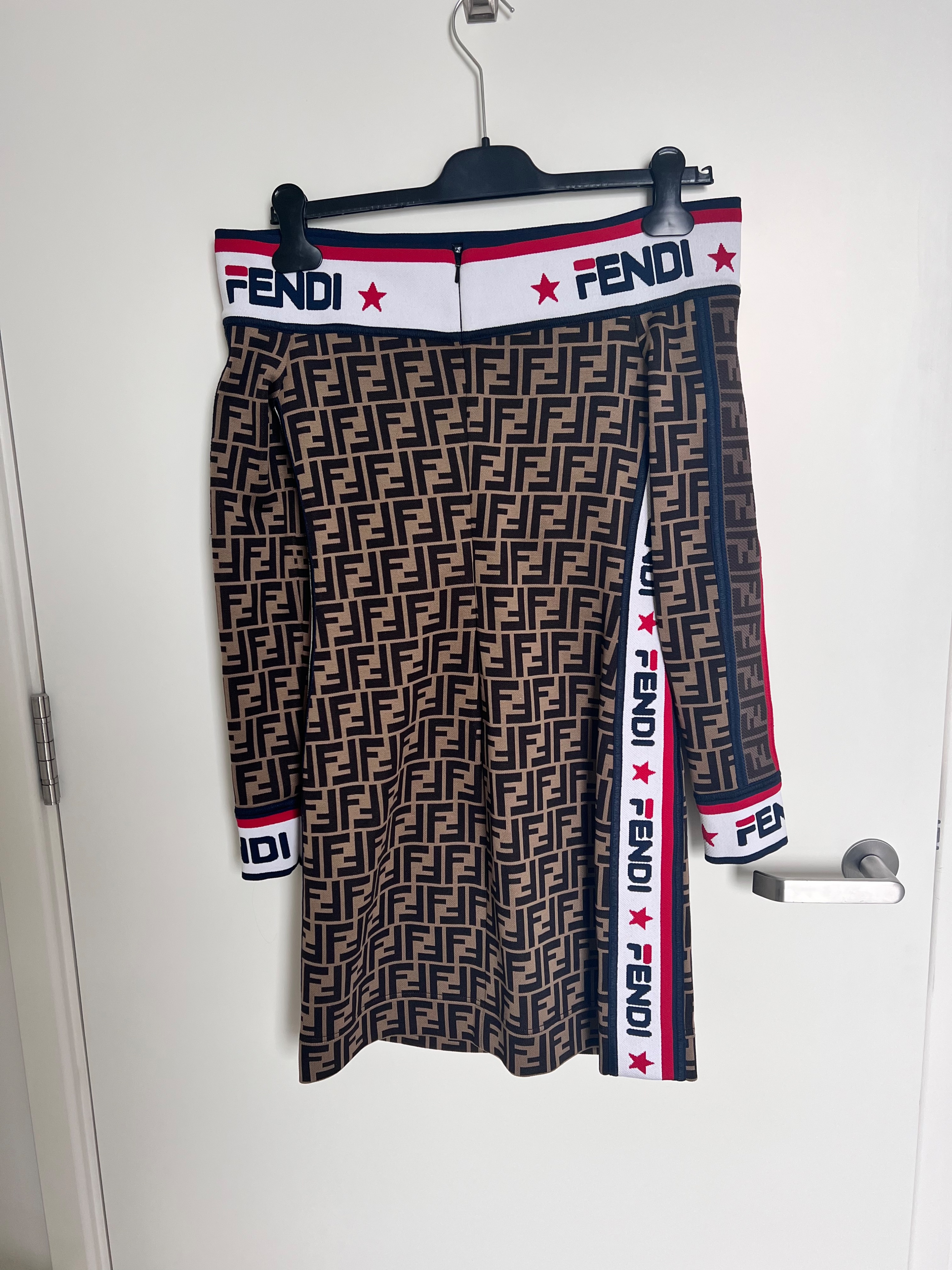 Fendi x Fila Bardot Monogram Midi Dress Size XS Brown elastic band