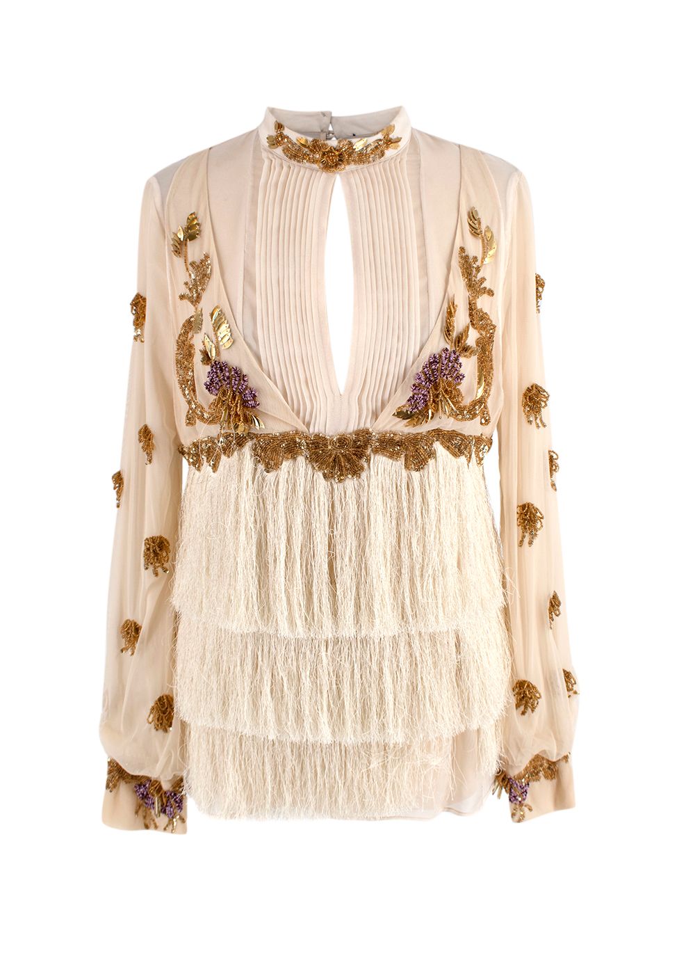 Preowned Just Cavalli Sequin Embellished Cream Fringed Blouse Size 40 polyester