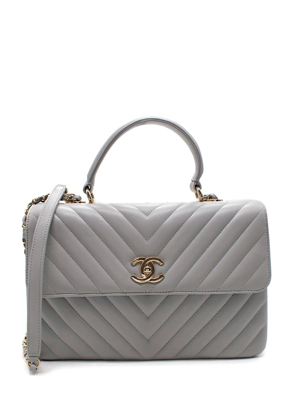 Chanel Grey Chevron Trendy CC Top Handle Bag Dove Grey lambskin leather