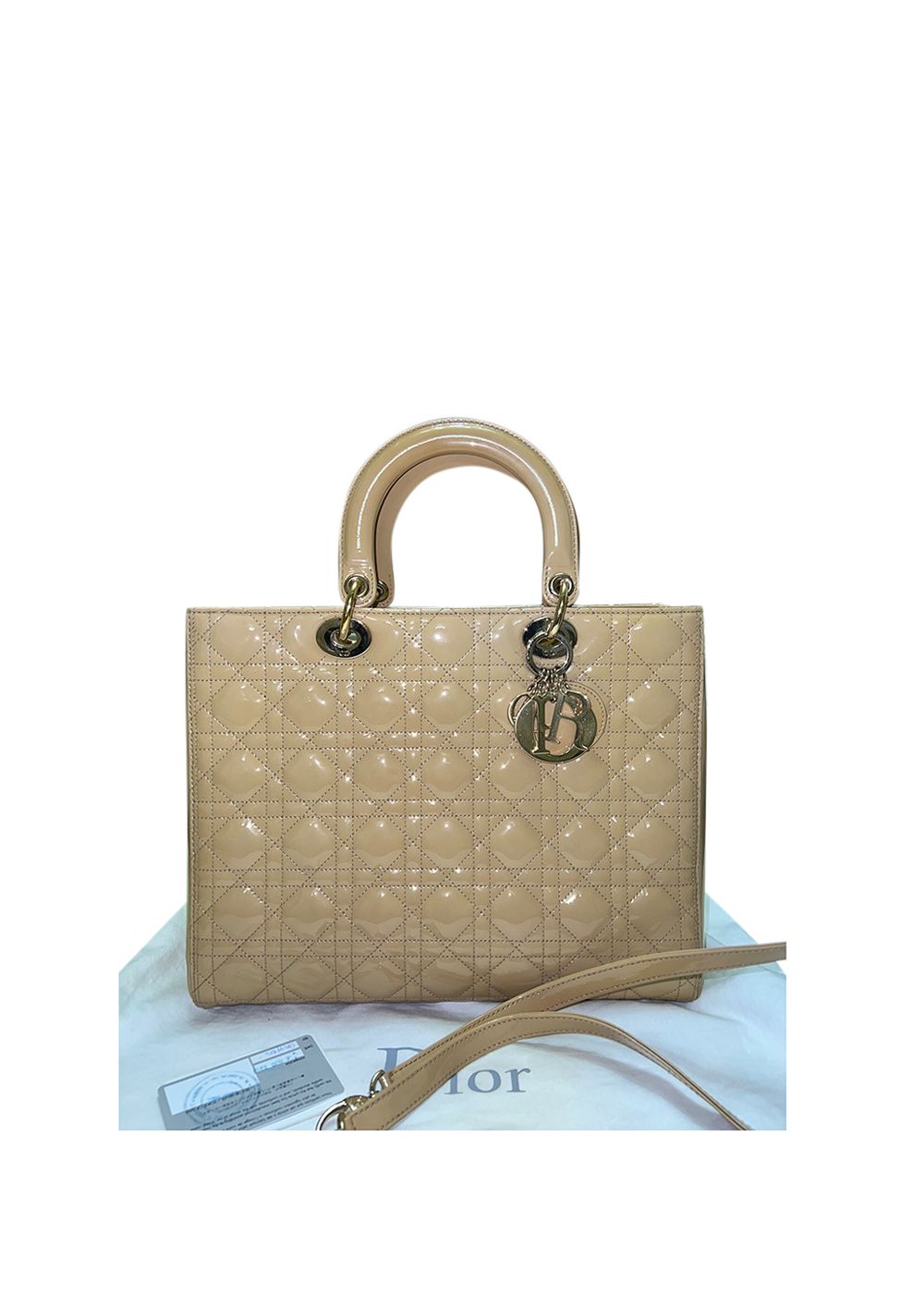 Preowned Beige Patent Leather Large Lady Dior Tote Bag Size L