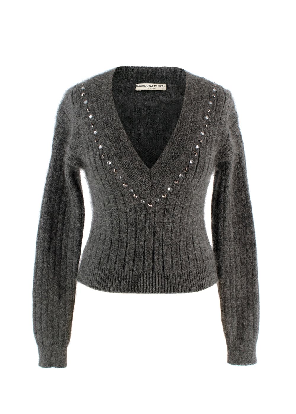 Preowned Alessandra Rich Grey Stud Mohair Blend V-Neck Sweater