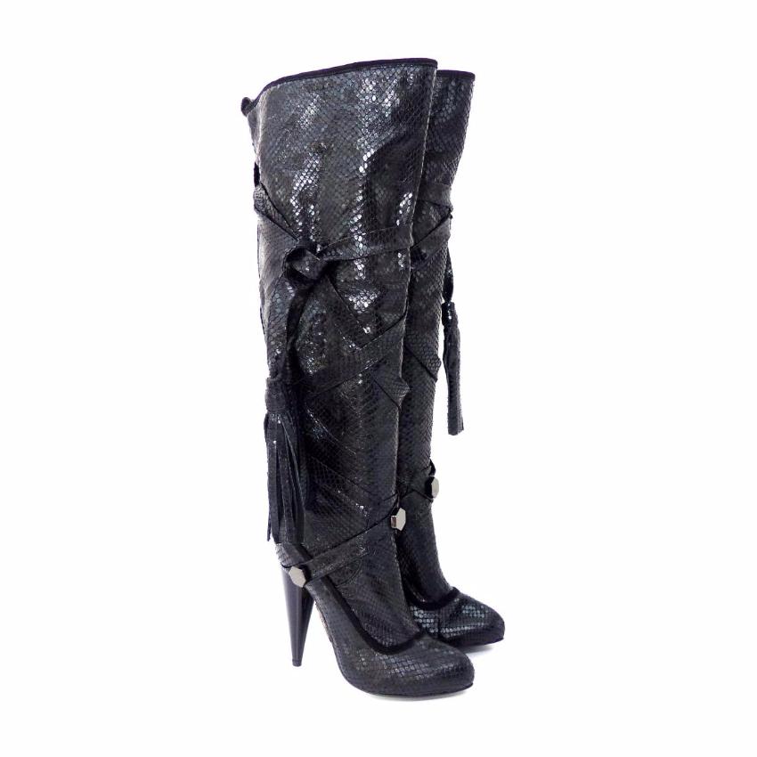 GALLIANO Black Python Leather Thigh High Boots Size 35